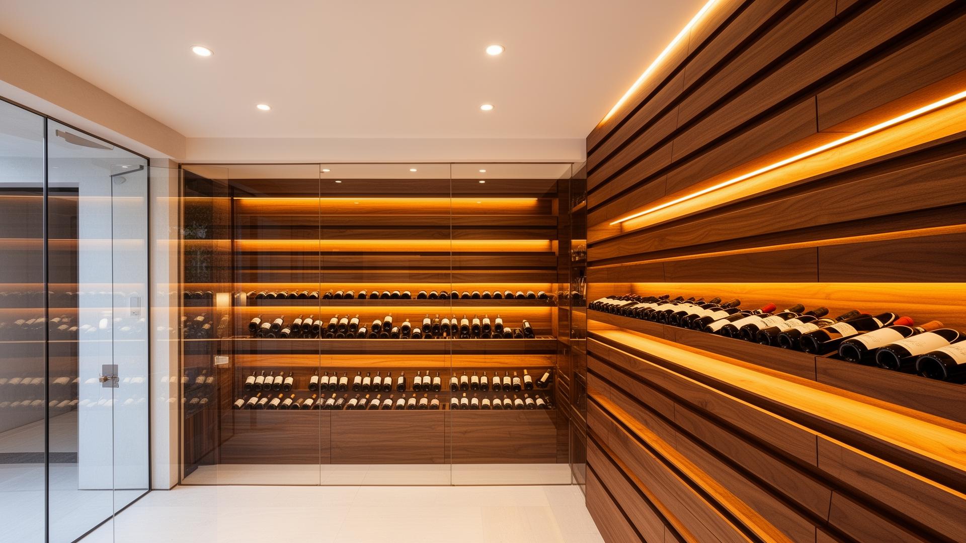Modern residential wine cellar with warm walnut wood racking and backlit LED lighting