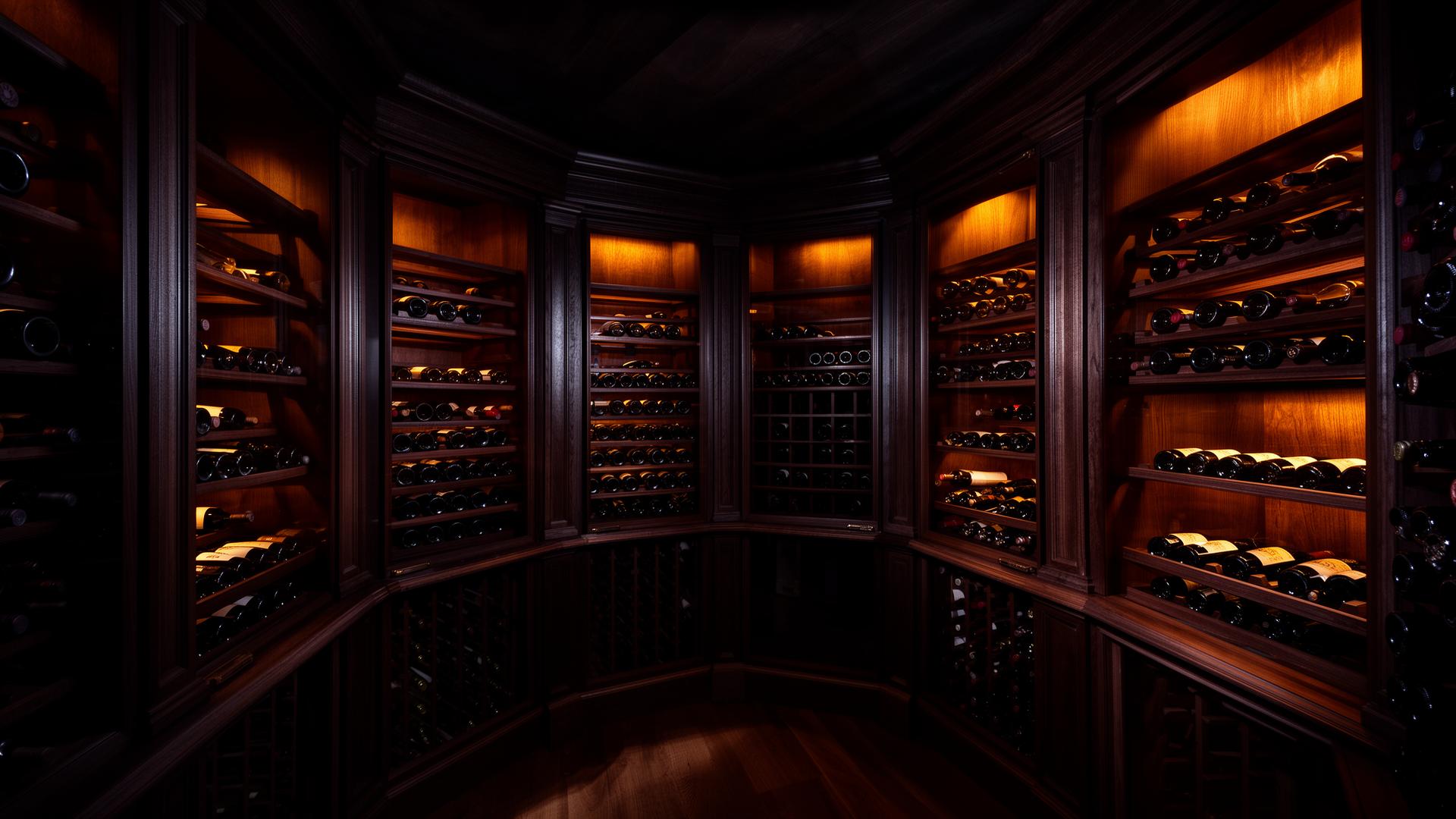 Luxury dark wood wine cellar with warm amber accent lighting