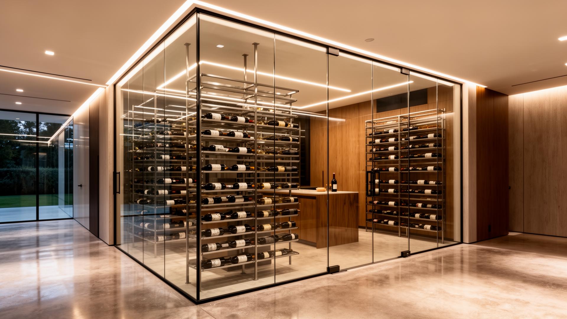Modern glass-enclosed wine room with frameless walls and warm interior lighting