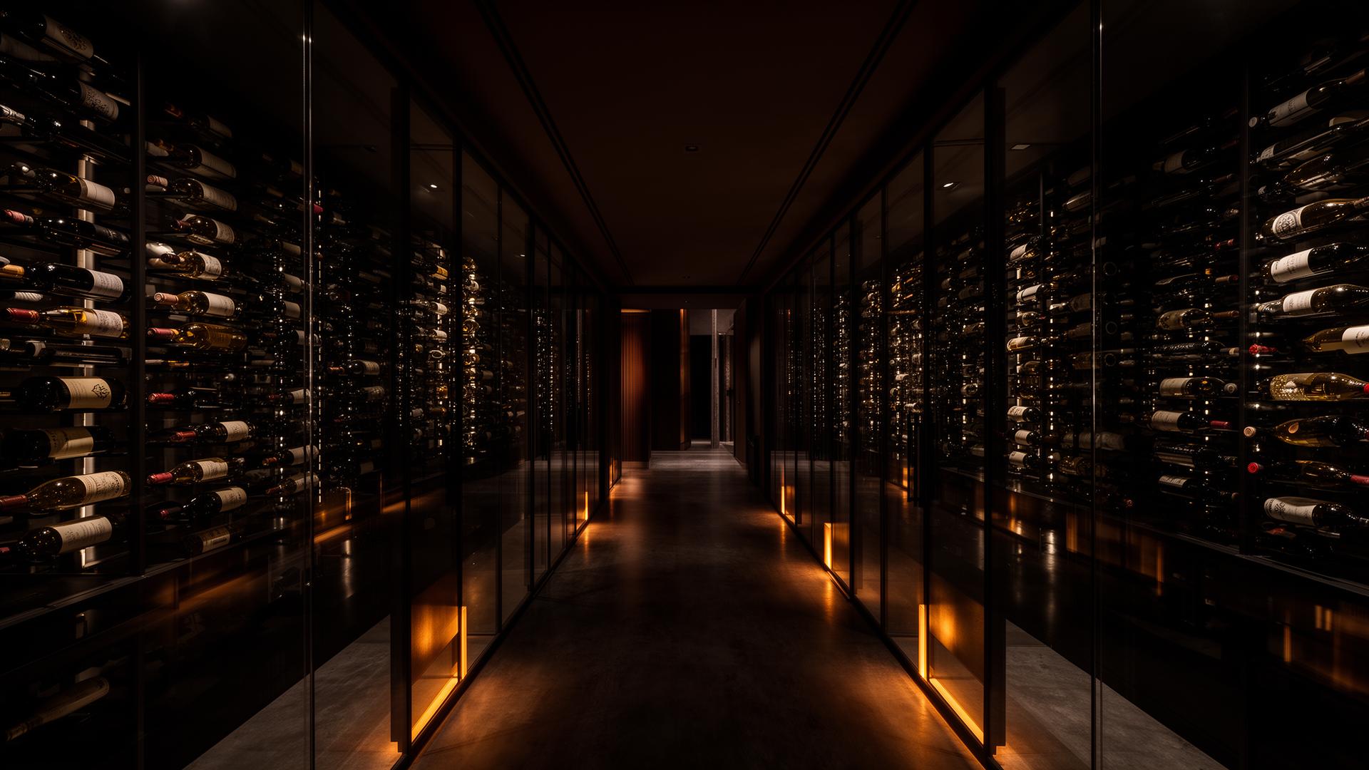 Dramatic dark wine cellar corridor with architectural lighting