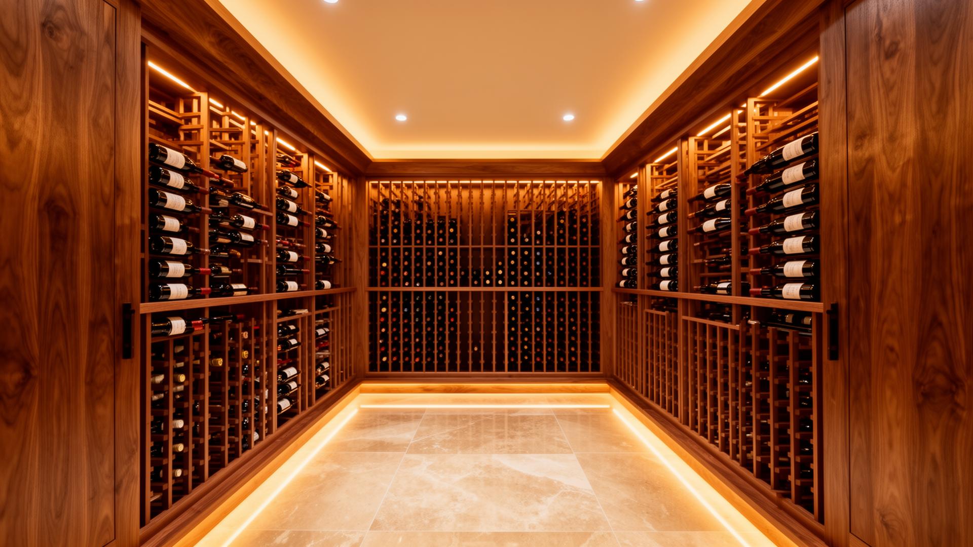 Modern glass-enclosed wine room with warm interior lighting