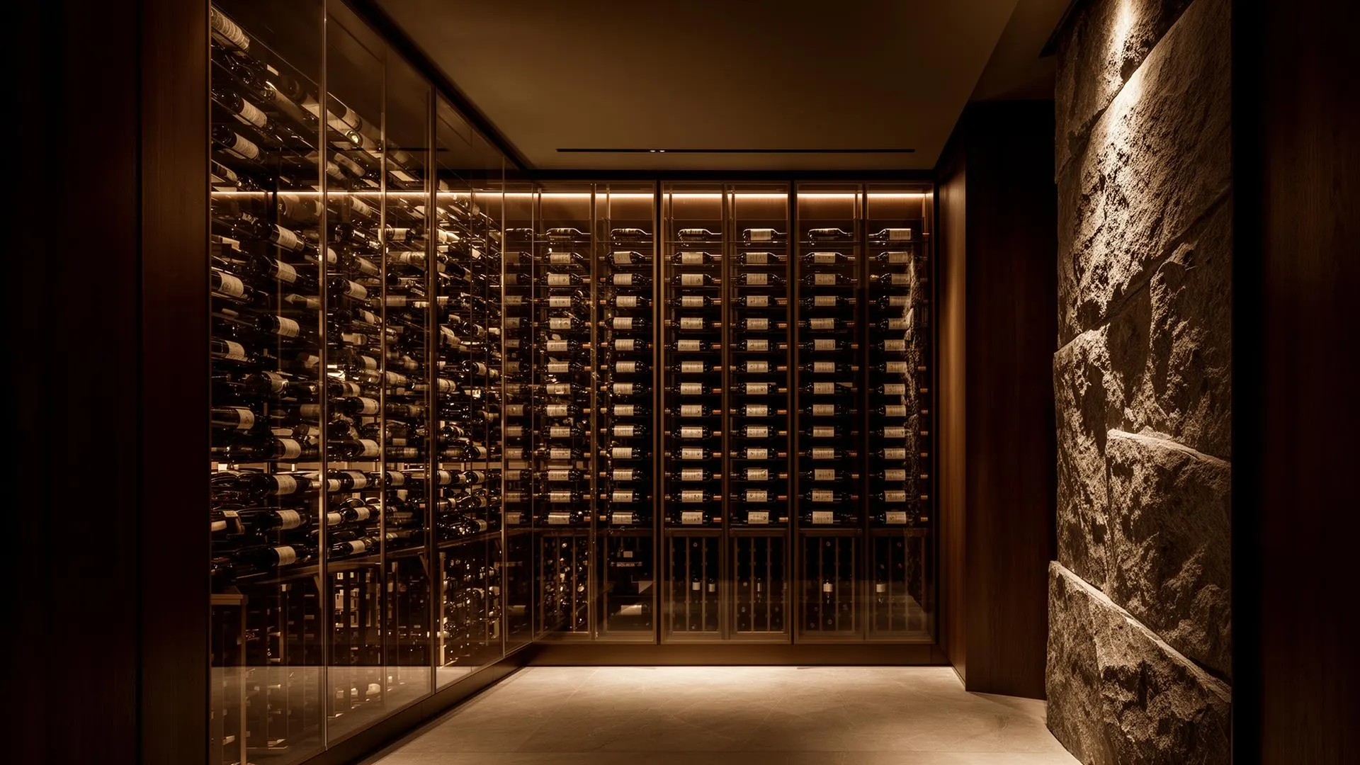 Luxury architectural wine cellar with glass walls and warm lighting